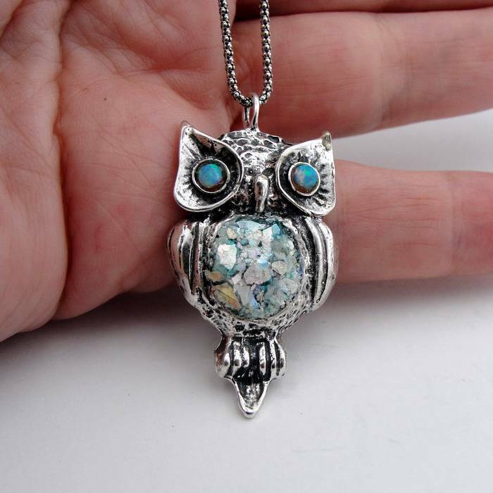 Hadar Designers Sterling Silver Roman Glass Opal Owl Pendant Handmade (as 508012