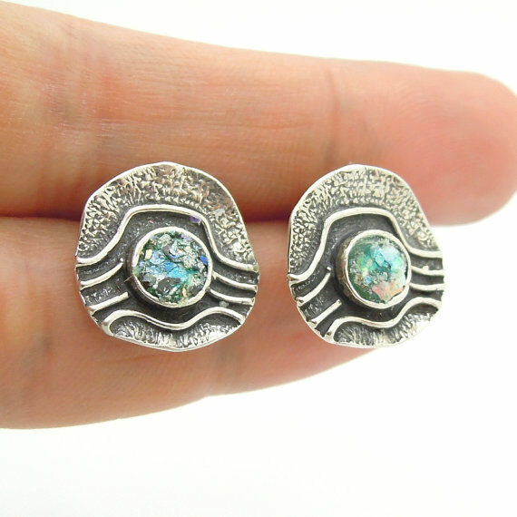 Hadar Designers 925 Sterling Silver Roman Glass Stud Earrings Handmade(AS 422814