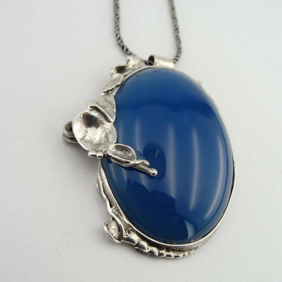 Hadar Designers Blue Agate Pendant Handmade Large 925 Sterling Silver  (H 435) 