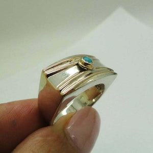 Hadar Designers Turquoise Ring Handmade 9k Yellow Gold 925 Silver sz 8,8.5()SALE