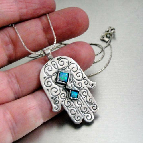 Hadar Designers Judaica Hamsa Sterling Silver Opal Large Hamsa Pendant (L) SALE