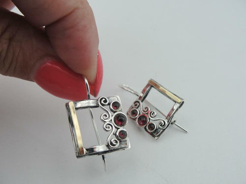 Hadar Designers Red Garnet Earrings 9k Yellow Gold Sterling Silver Gift Handmade