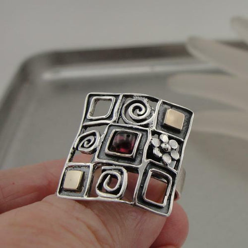 Hadar Designers Yellow Gold Sterling Silver Garnet Ring sz 7,7.5  Handmade()SALE