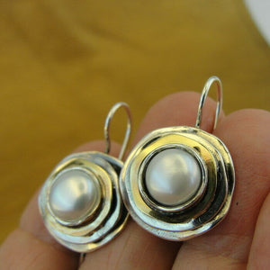 Hadar Designers 9k Yellow Gold 925 Sterling Silver White Pearl Earrings (ms) y
