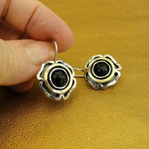 Hadar Designers Black Onyx Earrings Yellow Gold Sterling Silver Handmade (MS) y