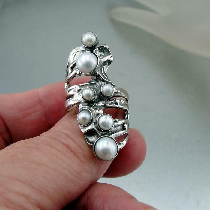 Hadar Designers Handmade Sterling Silver White Pearl Ring size 4.5,7,8,9, (H 141