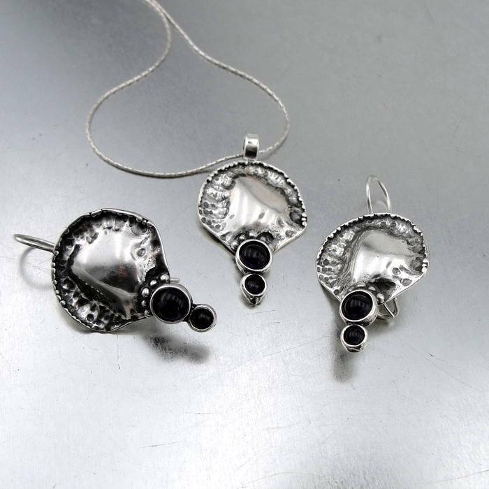 Hadar Designers Handmade Sterling Silver Black Onyx Earrings Pendant Set (H)SALE