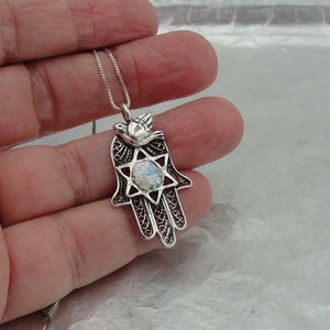 Hadar Designers Handmade Silver Hamsa Star of David Bird Roman Glass Pendant (as