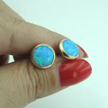 Load image into Gallery viewer, Hadar Designer Blue Opal Stud Earrings Handmade 14k Yellow Gold F 11mm Round (v