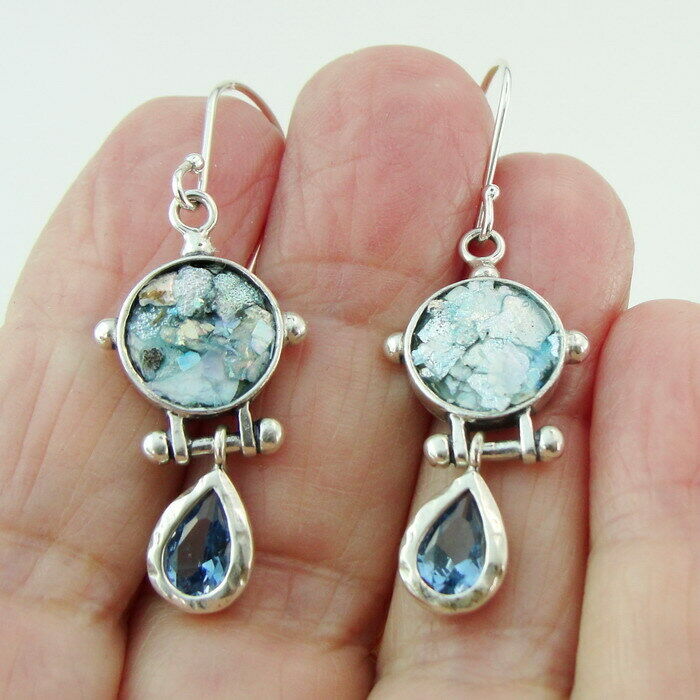 Hadar Designers 925 Silver Roman Glass Blue Topaz Drop Earrings Handmade (as 