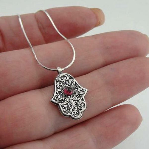 Hadar Designers Red Garnet Hamsa Pendant 925 Sterling Silver Artist Handmade (MS