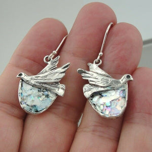 Hadar Designers Sterling Silver Antique Roman Glass Bird Earrings Handmade (as)Y