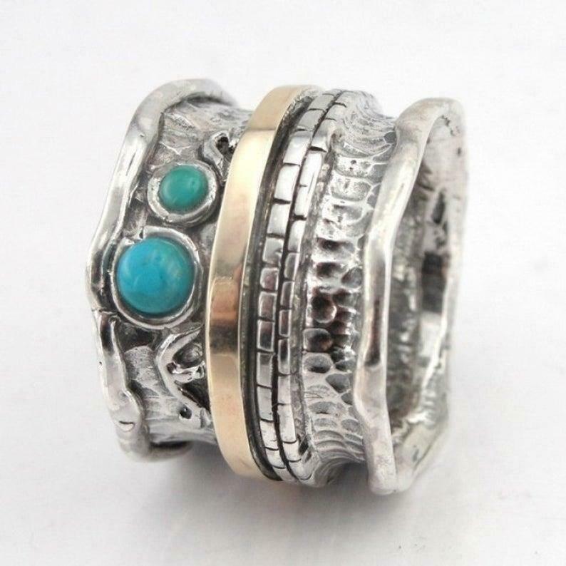 Hadar Designers Turquoise Ring 9k Yellow Gold Sterling Silver 6,7,8,9 Handmade