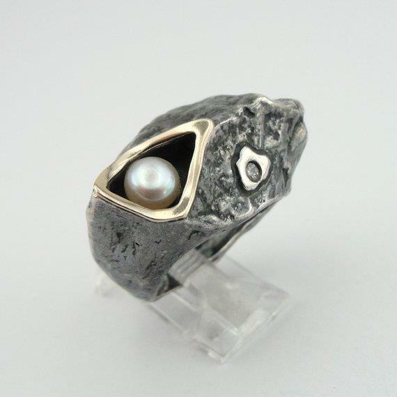 Hadar Designers Pearl Ring 7,8,9,10, Wild Handmade 9k Yellow Gold 925 Silver (MS