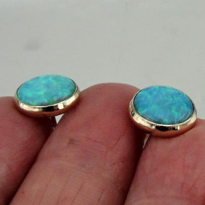 Hadar Designer Handmade 9k Yellow Gold 10mm Round Blue Opal Stud Earrings (I e82