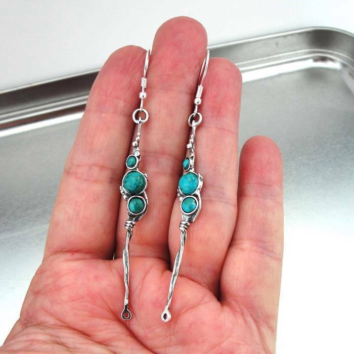 Hadar Designers Sterling Silver Turquoise Earrings Handmade Unique Long (H 2101)