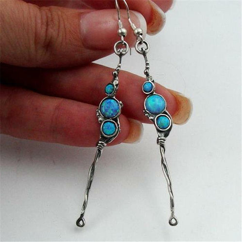 Hadar Designers Long Sterling Silver Blue Opal Earrings Handmade Unique (H 2101)