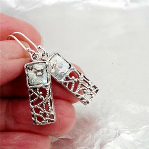Hadar Designers Antique Roman Glass Earrings Handmade Filigree 925 Silver (as) y