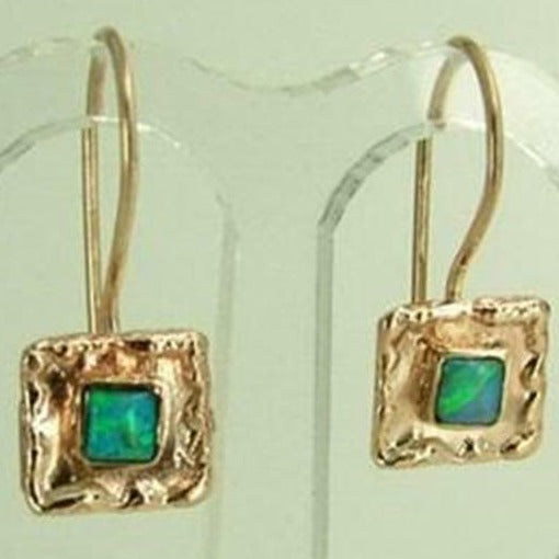 Hadar Designers  9k Yellow Gold Blue Opal Earrings Unique Art Handmade (I e127)