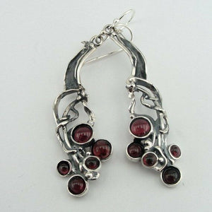 Hadar Designers 925 Sterling Silver Red Garnet Earrings Handmade long Dangle (H)