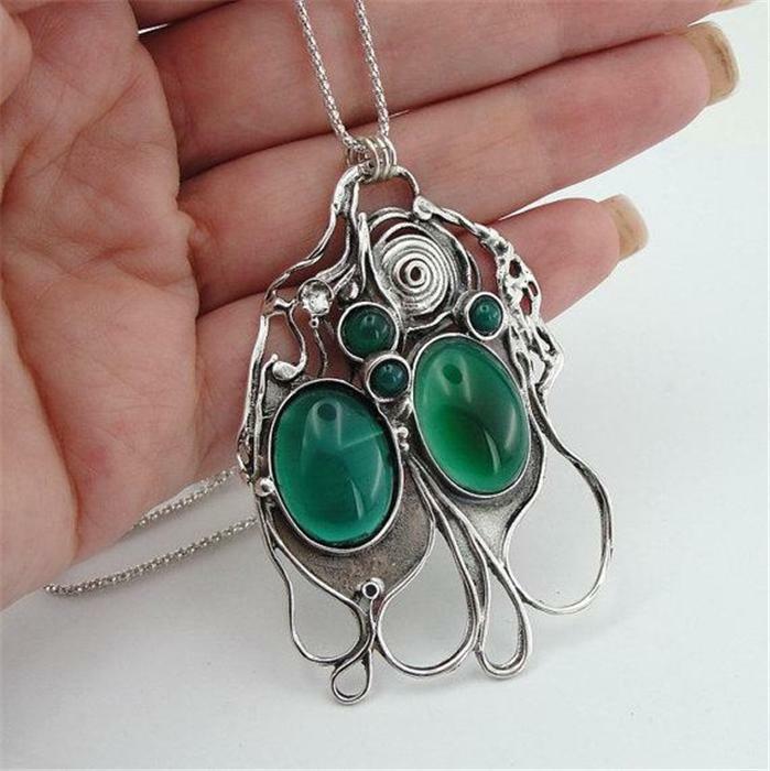 Hadar Designers Large Sterling Silver Green Agate Pendant Handmade Unique Art (H