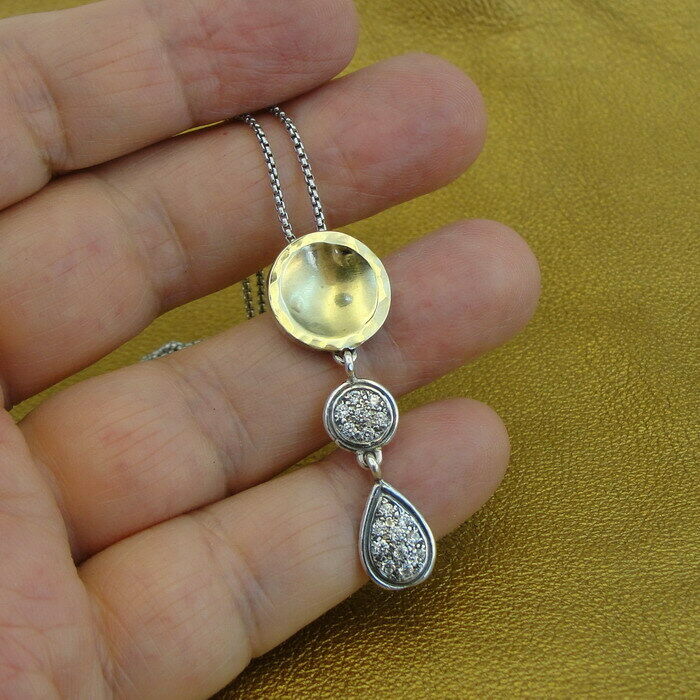 Hadar Designers 9k Yellow Gold White Zircon Pendant Handmade Sterling Silver (sY