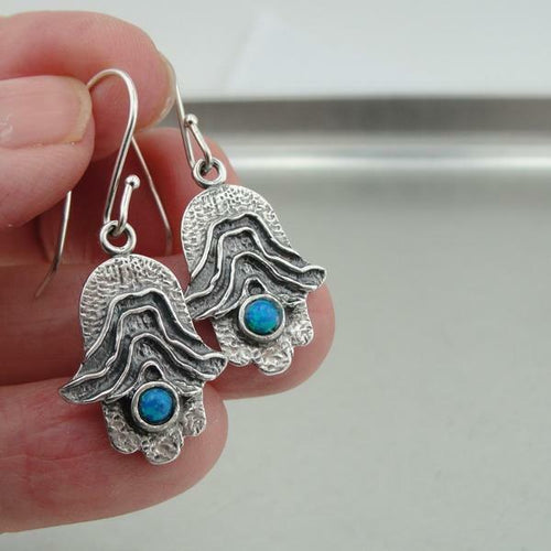 Hadar Designers Blue Opal Dangle Hamsa Earrings Sterling Silver Handmade(AS)SALE