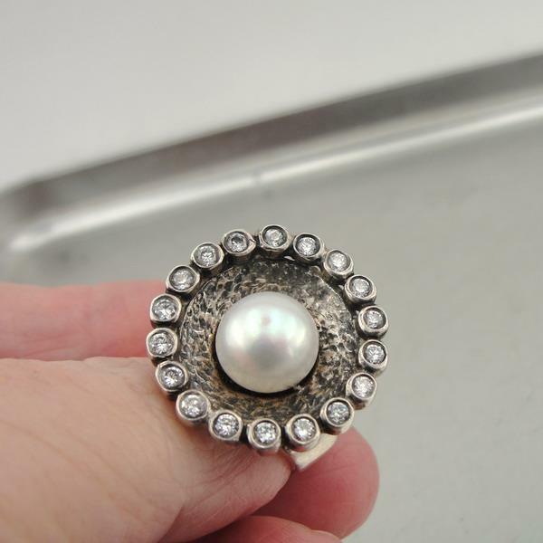 Hadar Designers 925 Sterling Silver White Pearl Zircon Ring size 8, 8.5 () SALE