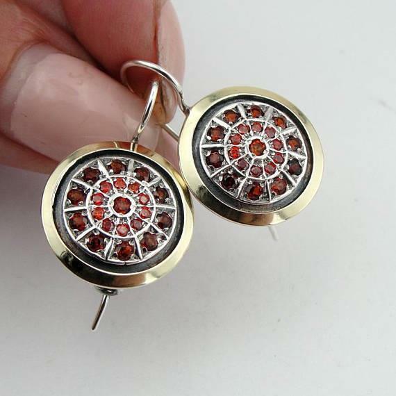 Hadar Designers Handmade 9k Yellow Gold 925 Silver Garnet Zircon Earrings (MS