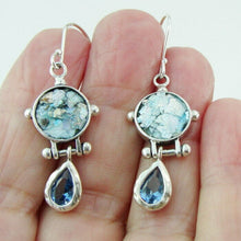 Load image into Gallery viewer, Hadar Designers 925 Silver Roman Glass Blue Topaz Drop Earrings Handmade (as 