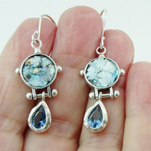 Hadar Designers 925 Silver Roman Glass Blue Topaz Drop Earrings Handmade (as 