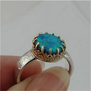 Hadar Designers 9k Yellow Gold 925 Silver Blue Opal Filigree Ring 6,7,8,9(I r343