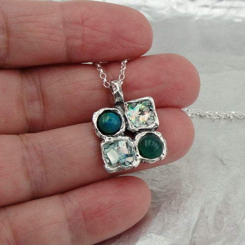 Hadar Designers Handmade 925 Silver Antique Roman Glass Green Agate Pendant (as