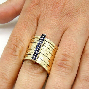 Hadar Designers 9k Gold 925 Silver Sapphire Multi Ring 7,8,9,10 Handmade (I r566