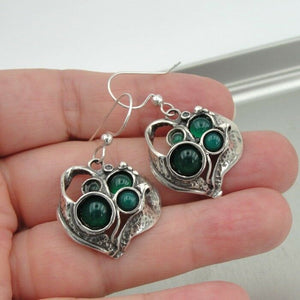 Hadar Designers Handmade 925 Sterling Silver Real Green Agate Earrings (H)
