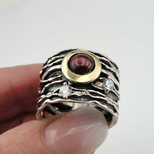 Hadar Designers Garnet Ring Handmade 9k Yellow Gold 925 Silver sz 6,7,8,9,10 (MS