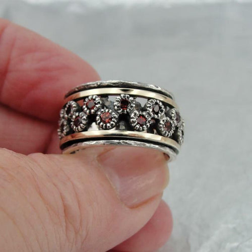 Hadar Designers Spinner Swivel 9k Yellow Gold 925 Silver Red CZ Ring  8 (SN)SALE