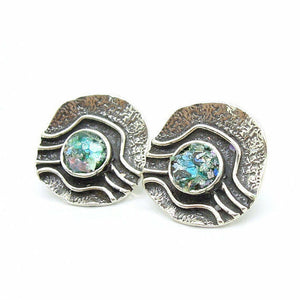 Hadar Designers 925 Sterling Silver Roman Glass Stud Earrings Handmade(AS 422814