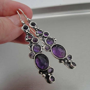 Hadar Designers  Long Sterling Silver Purple Amethyst Earrings Handmade (H 2151)