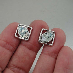Hadar Designers 925 Sterling Silver Roman Glass Stud Earrings Handmade (AS) SALE