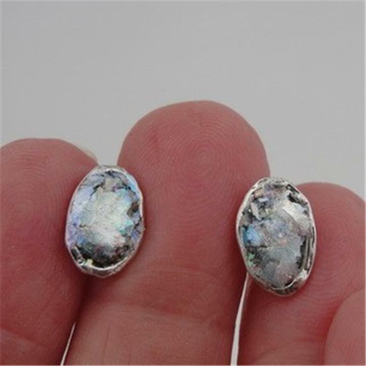 Hadar Designers 925 Sterling Silver Roman Glass Oval Stud Earrings Handmade (AS)