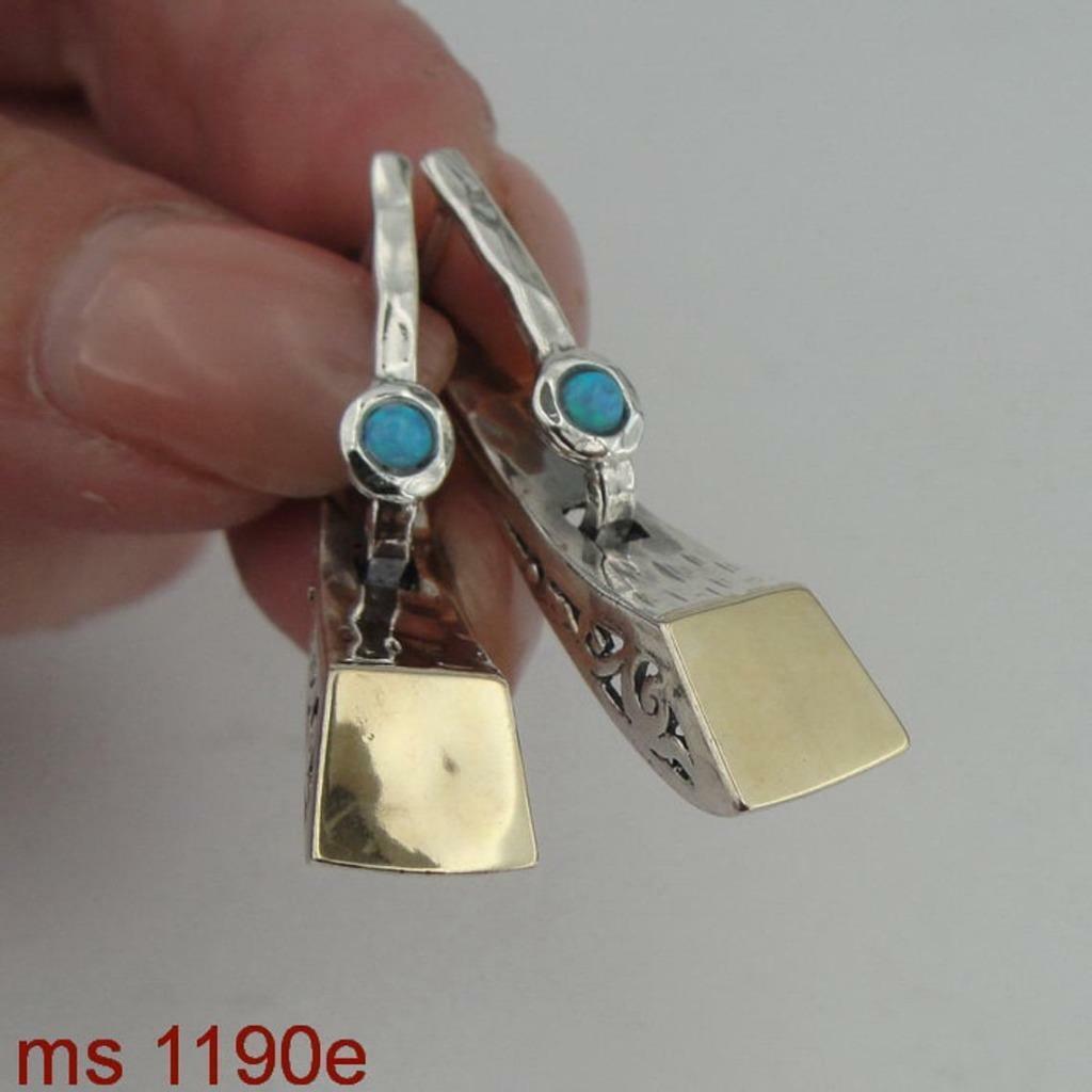 Hadar Designers Blue Opal Earrings Handmade 9k Gold 925 Sterling Silver (ms1190