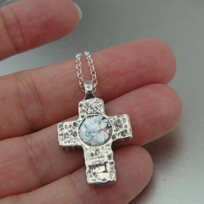 Hadar Designers Sterling Silver Genuine Antique Roman Glass Cross Pendant (as)