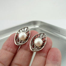 Load image into Gallery viewer, Hadar Designers Handmade Sterling Silver Leaf Real White Pearl Stud Earrings (V