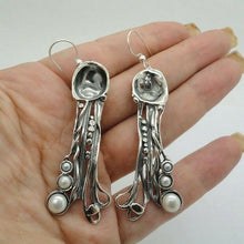 Load image into Gallery viewer, Hadar Designer Handmade Unique Art Long Sterling Silver White Pearl Earrings (H