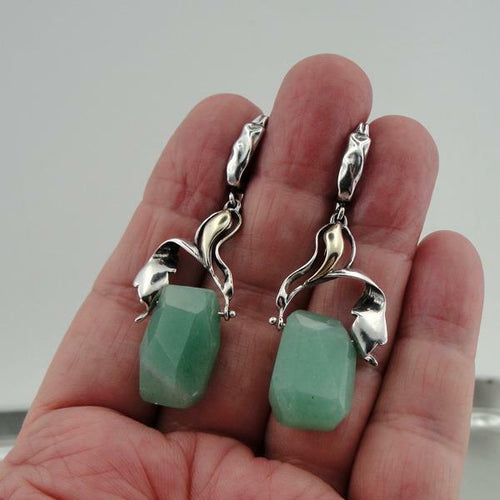 Hadar Designers Gift Handmade 9k Yellow Gold 925 Silver Aventurine Earrings (Ms