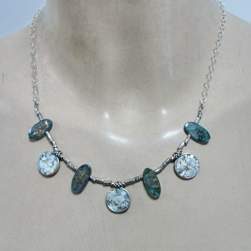 Hadar Designers Handmade 925 Sterling Silver Antique Roman Glass Necklace (as