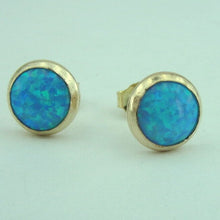 Load image into Gallery viewer, Hadar Designer Blue Opal Stud Earrings Handmade 14k Yellow Gold F 11mm Round (v