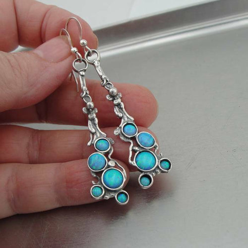 Hadar Designers Handmade Drop Dangle 925 Sterling Silver Blue Opal Earrings (H)Y