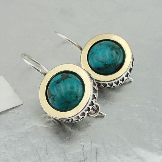 Hadar Designers Classy Handmade 9k Yellow Gold 925 Silver Turquoise Earrings(Ms